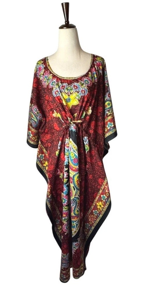 True Rock Caftan Dress Women OS Red Floral Print Maxi Kaftan Boho Coverup Kimono