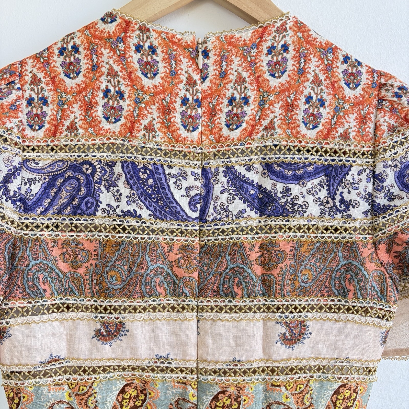 Zimmermann Devi Spliced Mini Dress Size 1/AU 10/US 8 Gold Trim Paisley Rare EUC