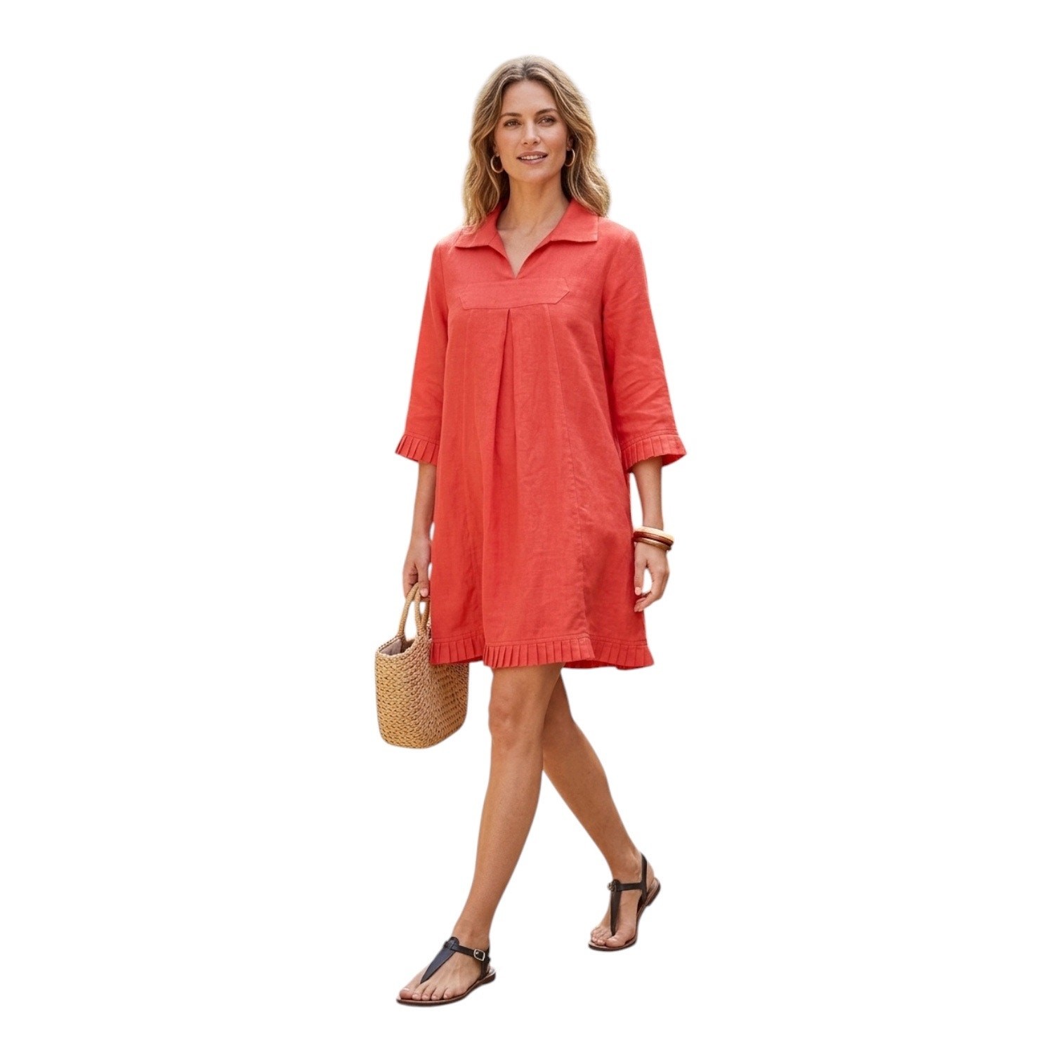 Embellish coral linen swing dress pockets pleats and ruffles NWT size Large / XL