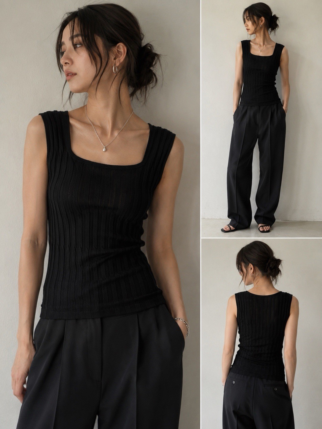 pinetomi by ICOM 100% Silk Rib Knit Sleeveless Tank Top Black Size 40 Japan