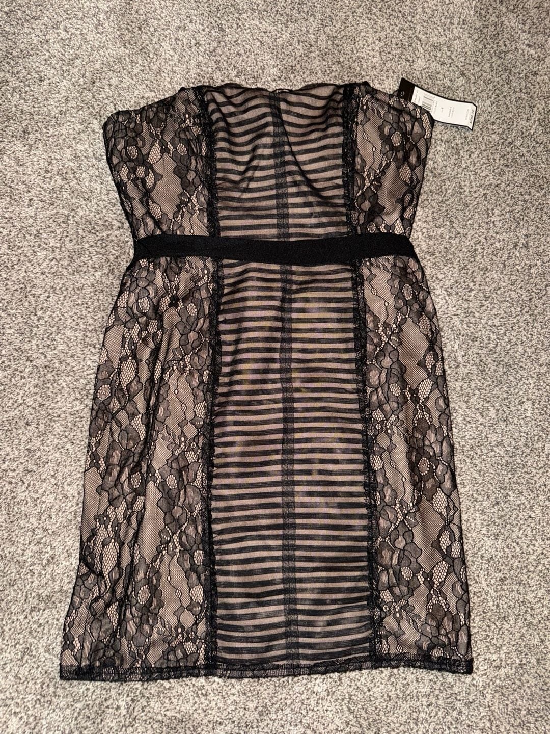 BCBGMAXAZRIA Janna Strapless Lace and Striped Mesh Cocktail Dress