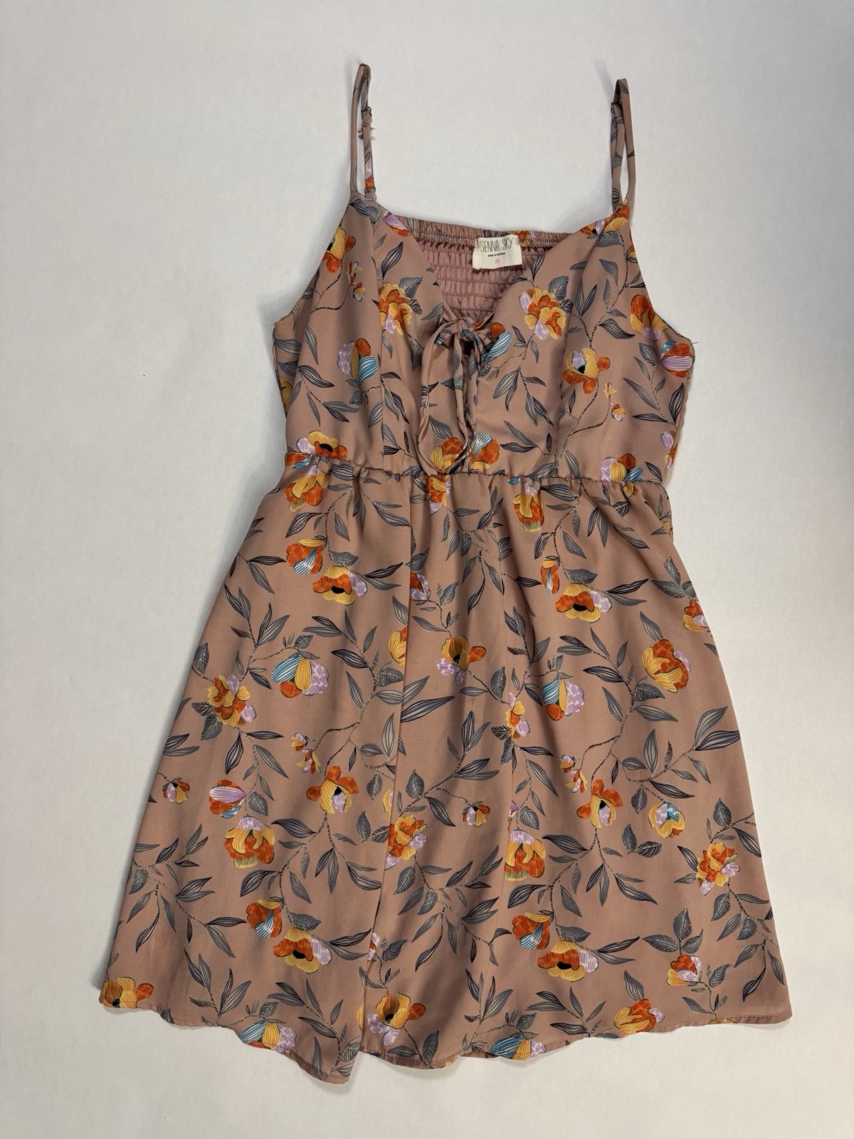 Sienna Sky Women’s Floral Pink Mauve Front Tie Bow Sundress Smocked Dress M
