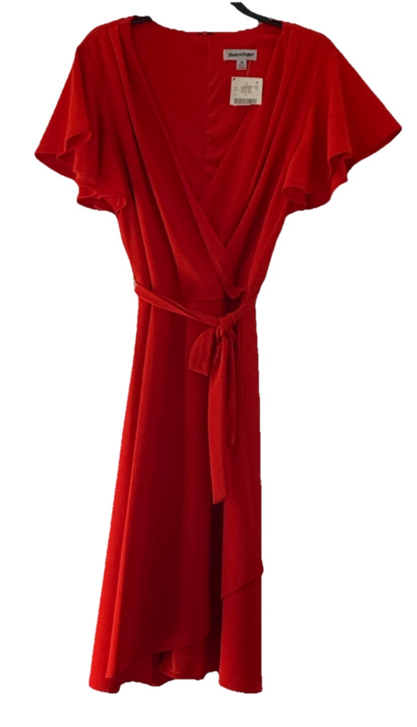 Shelby & Palmer Women’s Red Wrap Midi Dress Flutter Sleeves Tie Accent Size16
