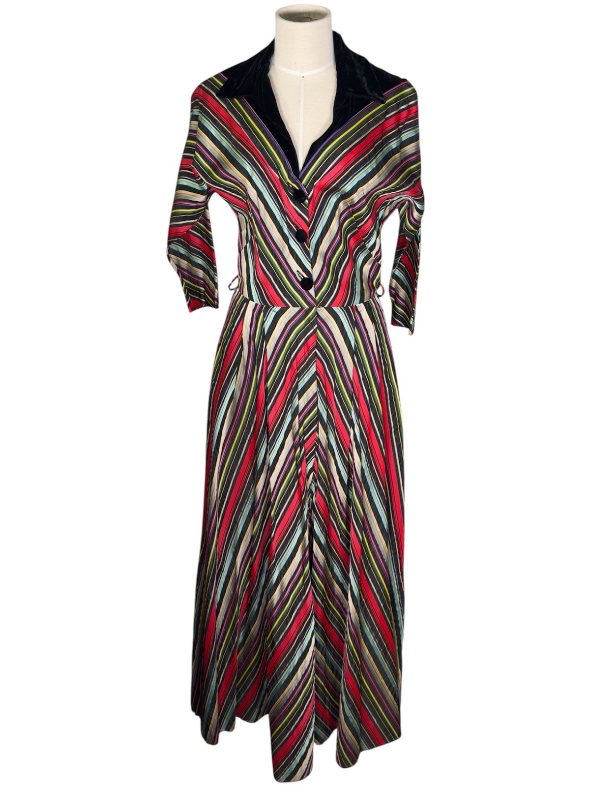 1940s/1950s Maxan Multicolor Striped Dolman Sleeve Hostess Gown – Size Small