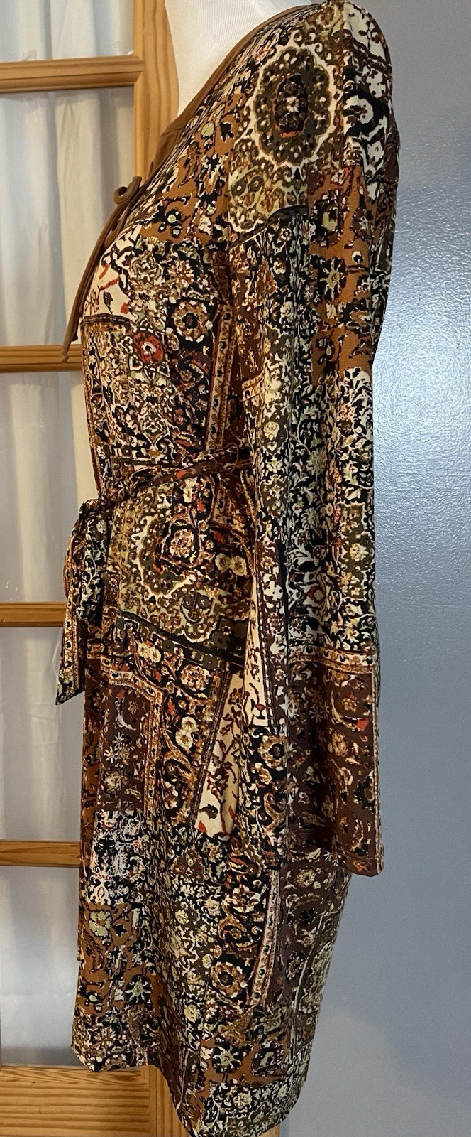 Soho Apparel Ltd Floral Dress S Belted Brown Ivory Front Tie Boho Classic City