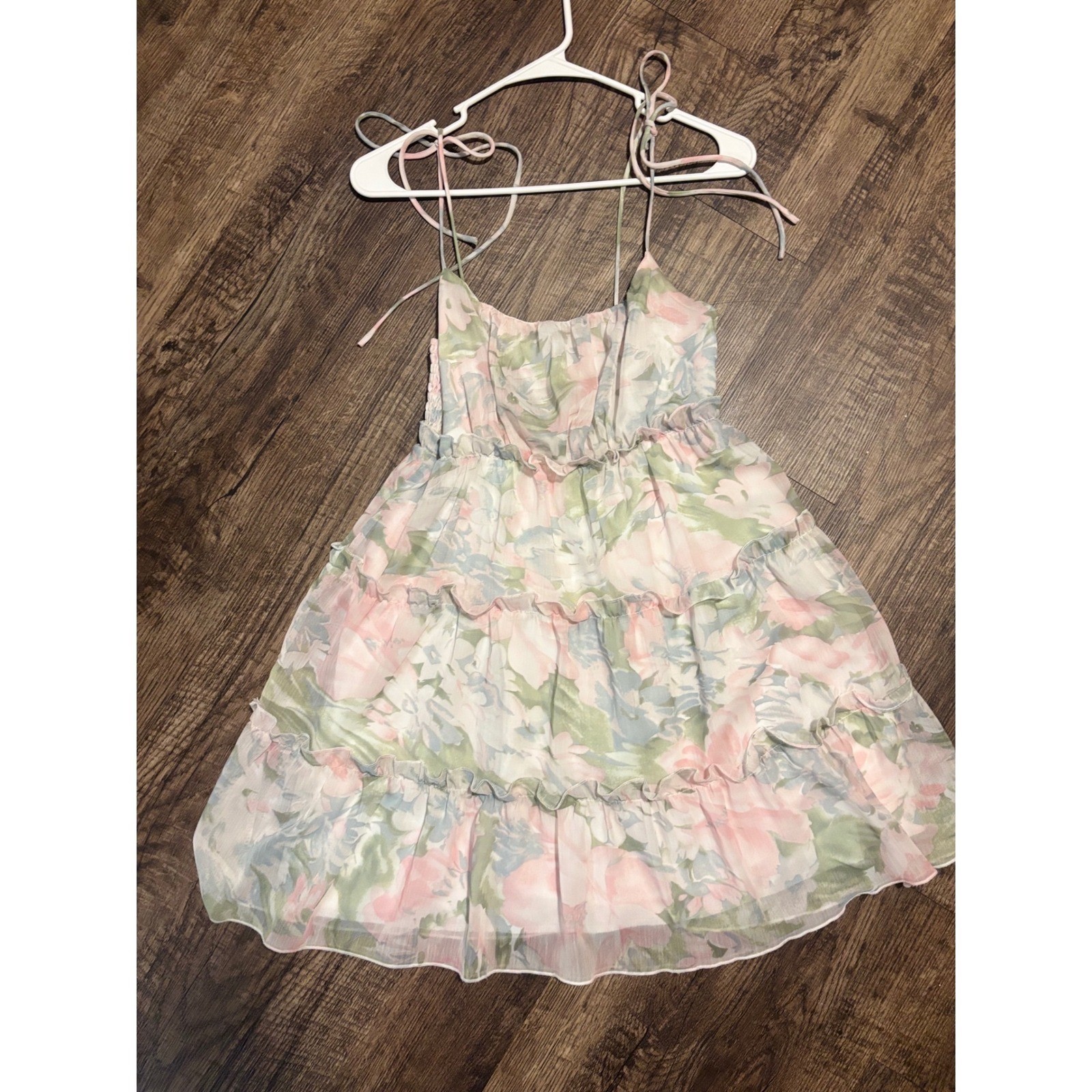 Pastel Floral Tiered Mini Dress Pink Sage Green Tie Shoulder Smocked Back Small