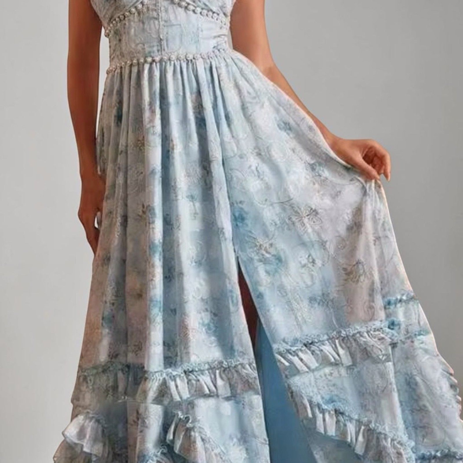 Anewsta Blue Floral Halter Maxi Dress Ruffle Lined Empire Waist NWT