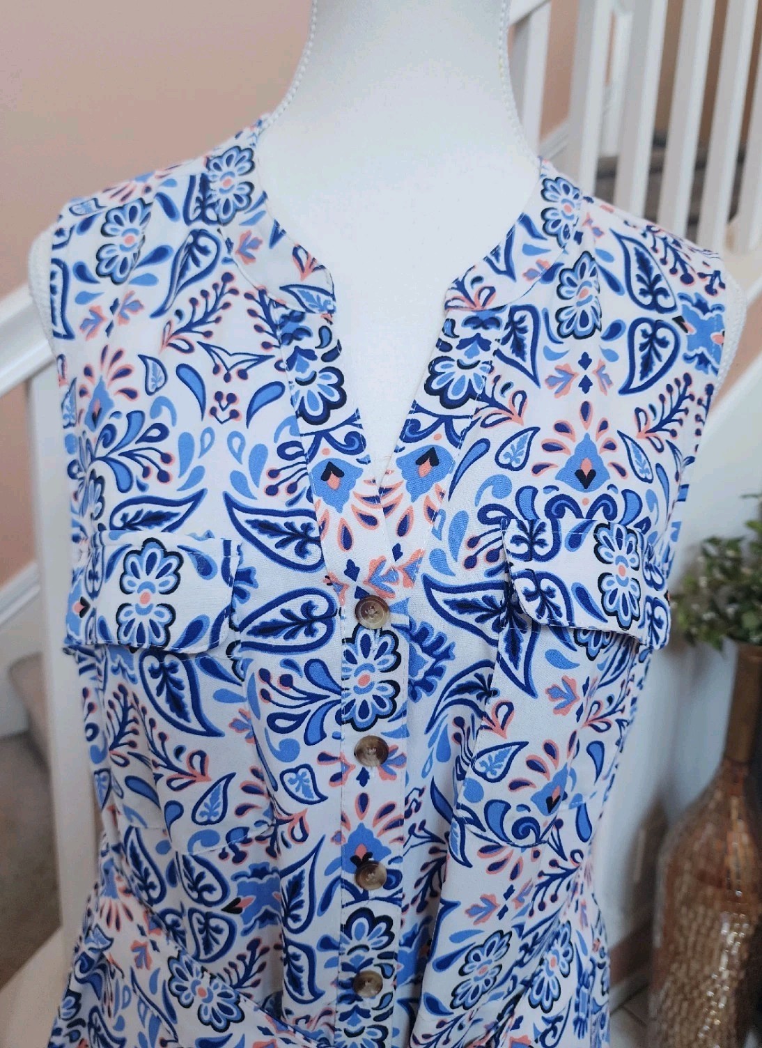 NWOT CROFT & BARROW Blue Floral Notch Neck Belted Sleeveless Shirt Dress Sz PXL