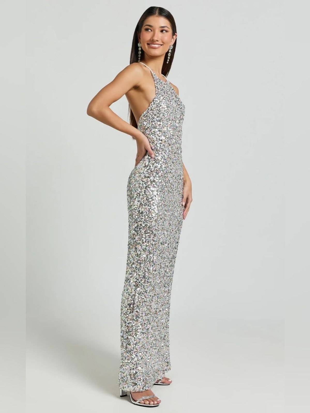Showpo Halter Neck Cross Back Sequin Maxi Dress in Rainbow Silver