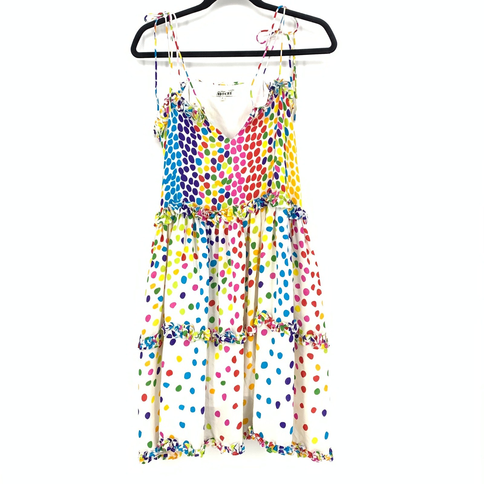 All Things Mochi Blessica Tiered Mini Dress Womens Sz L Silk Rainbow Polka Dots
