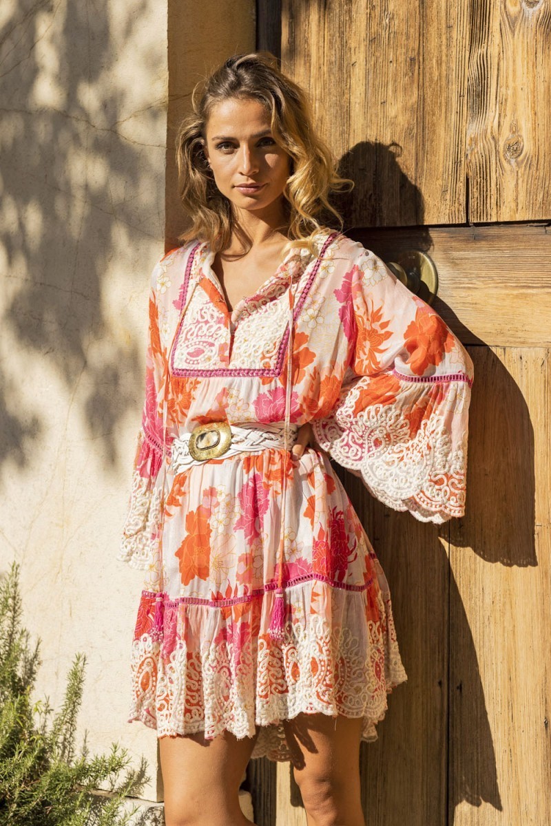 Miss June Paris Pink Floral Dress A-line boho country One Size S M L XL Rayon