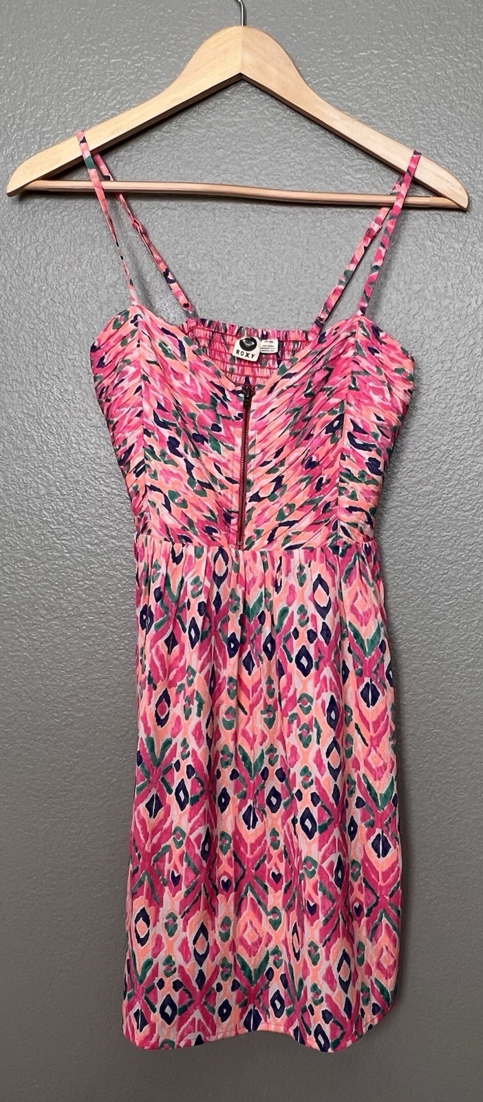 Roxy “A Shore Thing” Pintucked Front Zip Smocked Dress Small Resort Beach Party