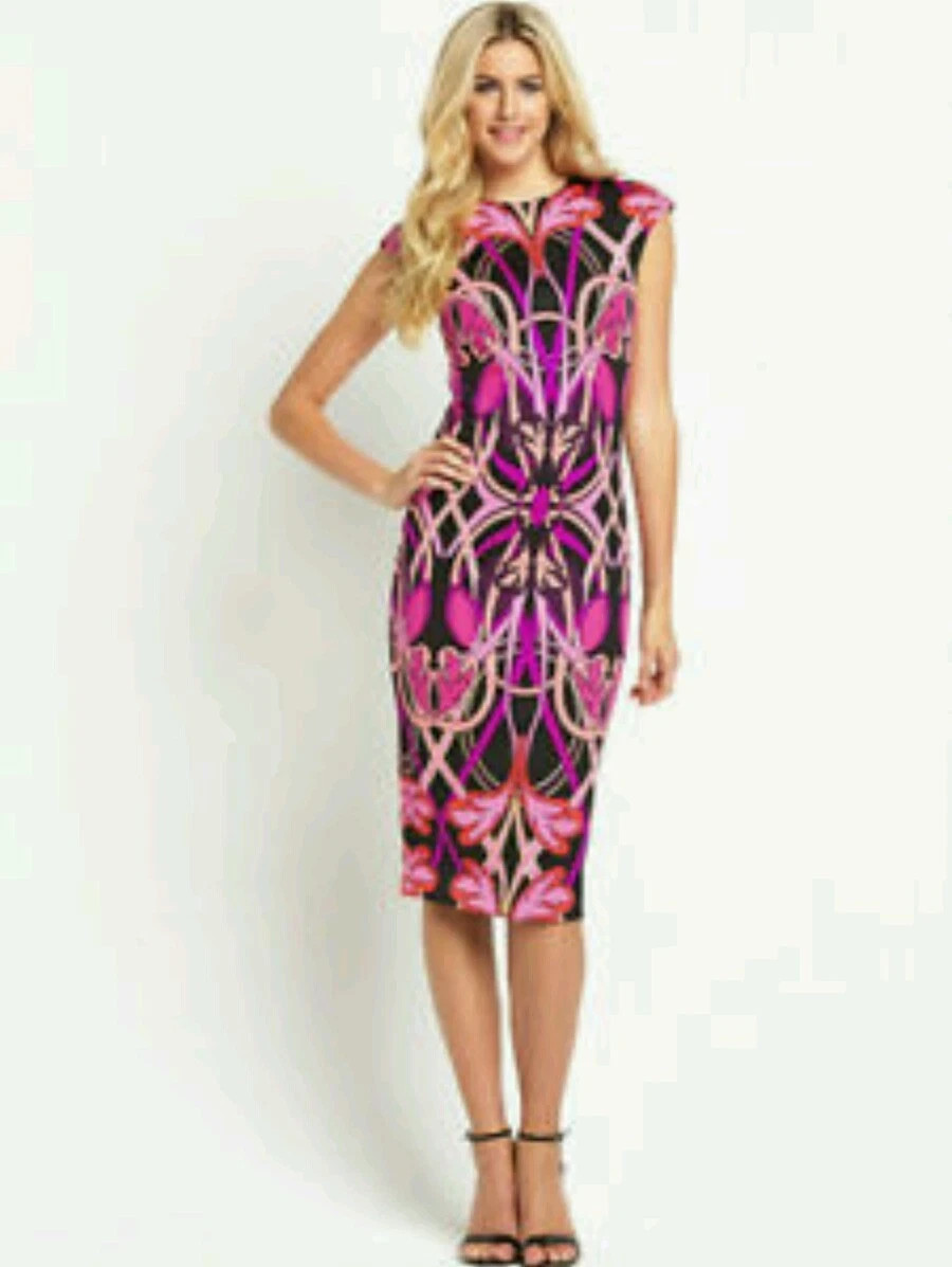 TED BAKER LONDON ANTA ART NOUVEAU PINK FUCHSIA BLACK GOLD BODYCON DRESS SIZE 1