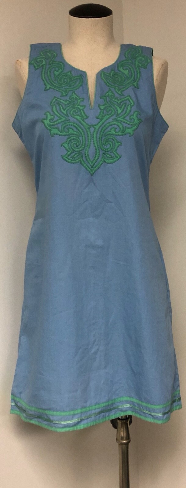 BELLA TU JEANNE D GOPI VAID TUNIC STYLE BLUE W GREEN EMBROIDERY 100% COTTON SZ S