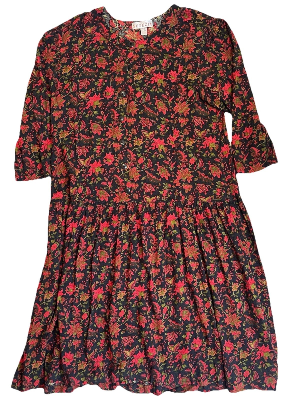 Venezia Rayon Black Red Green Floral Long 3/4 Sleeve A-Line Dress Plus 22/24