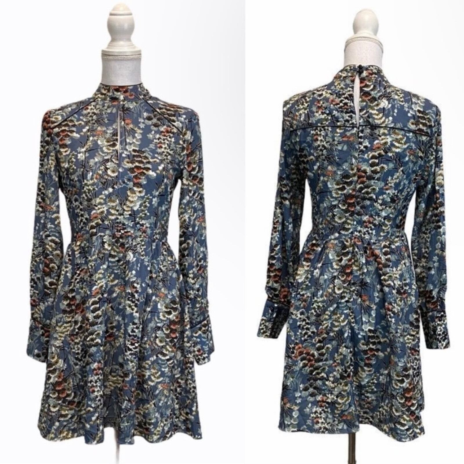 Small Floral Keyhole Front Boho Dress Casual Chic Trendy Long Sleeve Asian