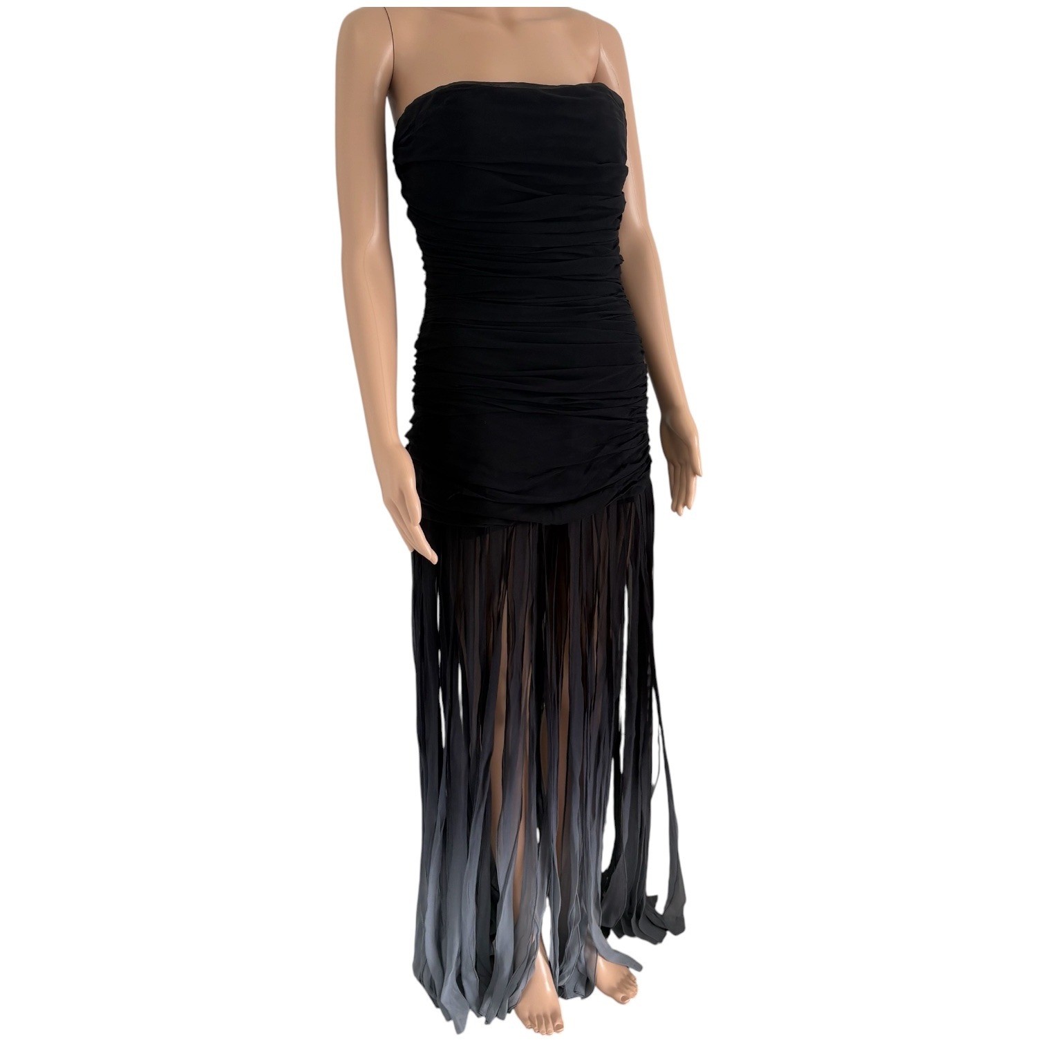 BCBGMAXAZRIA Strapless Silk Ruched Ombre Fringe Maxi Dress 8 Old Hollywood