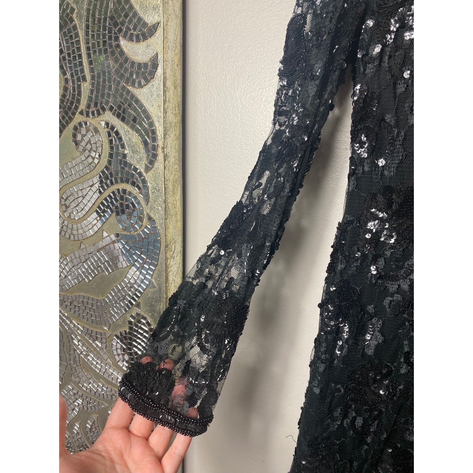 VINTAGE JUDITH ANN DRESS M BLACK SEQUIN BEADED TIERED RUFFLE SHEER MESH LACE