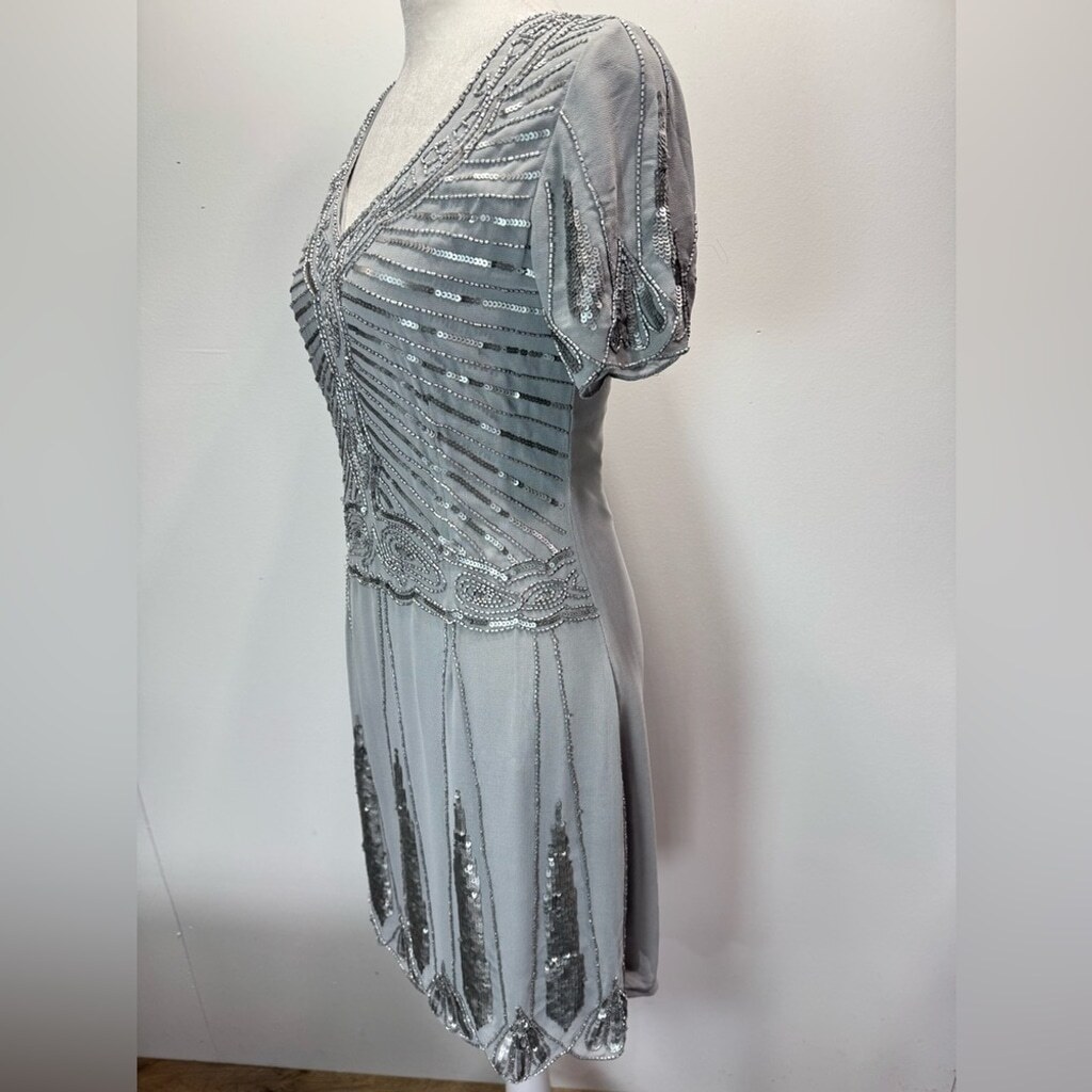 Cocktail Party Dress Silver Beaded Sequined Short Sleeve V Neck By Lace & Beads