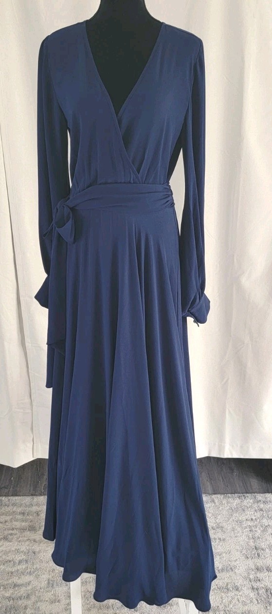 Merritt Los Angeles Navy Blue Wrap Maxi Dress Long Sleeve Tie Waist Women’s M