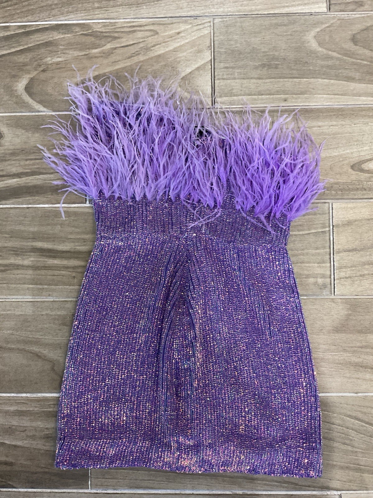 Retrofête Purple Sequin Feather Trim Strapless Mini Dress Women’s XS