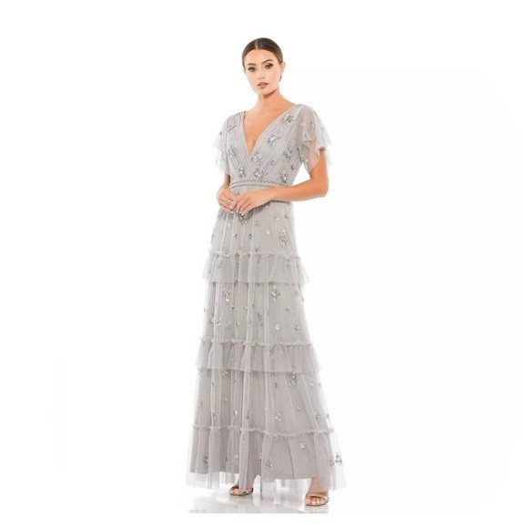 Mac Duggal Platinum Ruffle Tiered Embellished Flutter Sleeve Gown Size 8 $598