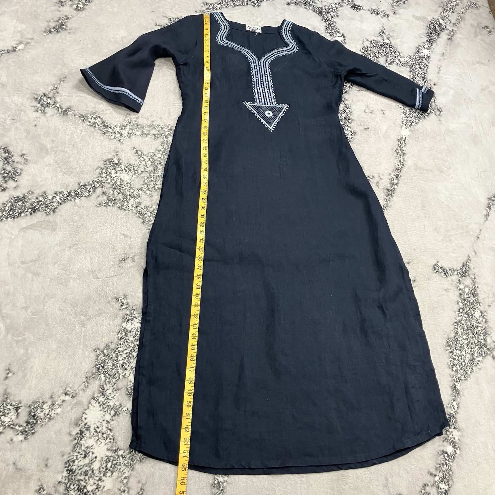 Handmade Linen Blend Embroidered Caftan Maxi Dress Blue Boho Medium