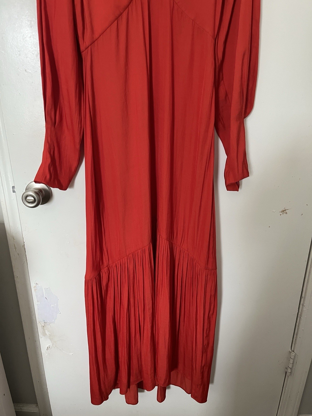 Banana Republic Red Solid V-Neck Pleated Bishop Long Sleeve Maxi Dress 6