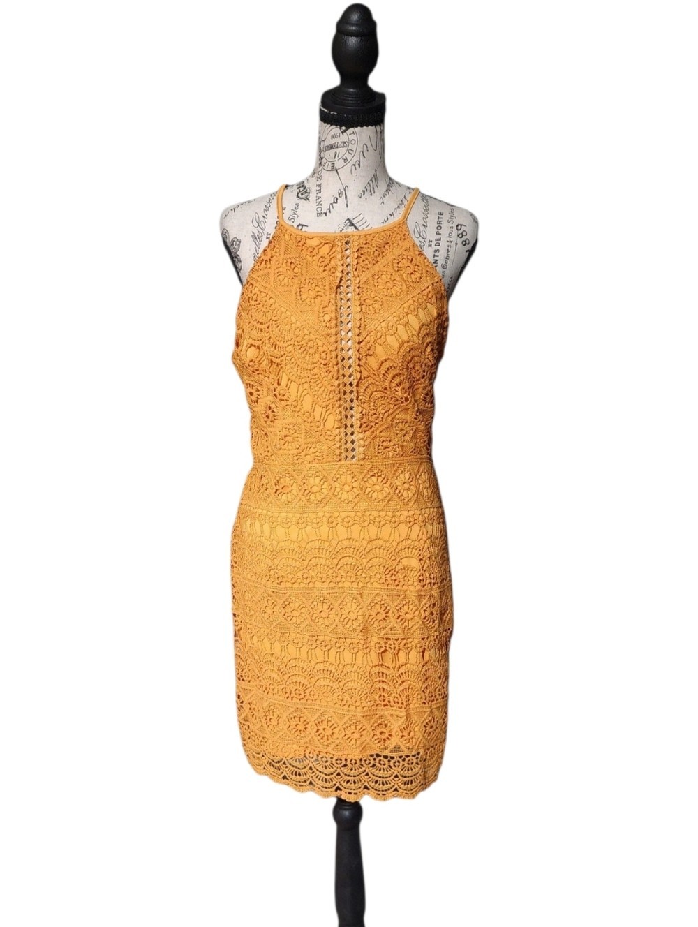 Lush Mustard Crochet Lace Halter Mini Dress, Size Medium