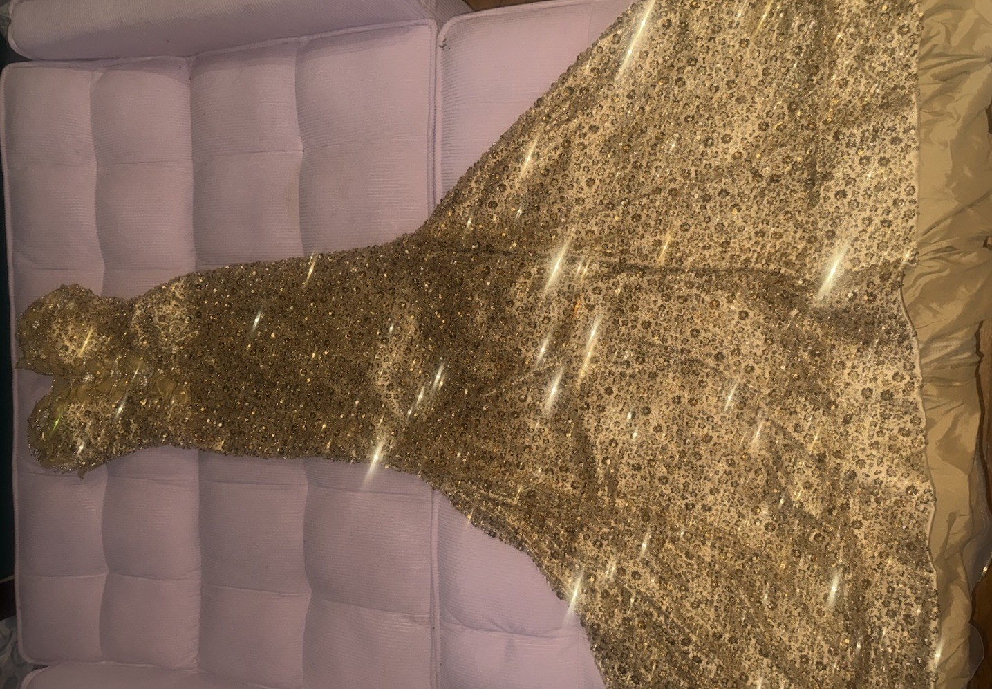 Gold Sequin Sweetheart Neckline Long Sleeveless Gown with Ruffle Accent