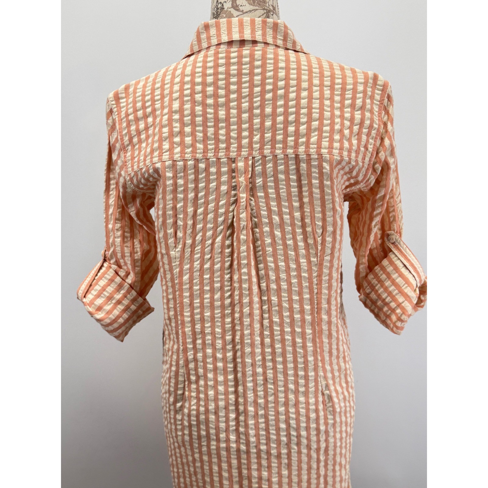 Roller Rabbit Orange White Striped Seersucker Button Front Shirt Dress Sz S