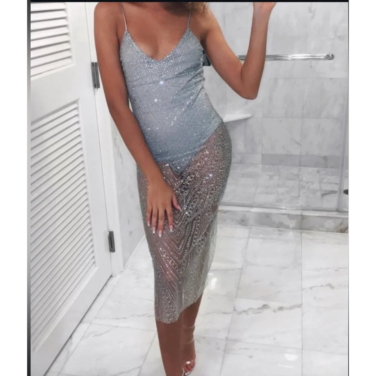 Meshki Aviana Silver Jeweled Glitter Mesh Midi Party Dress Sz S