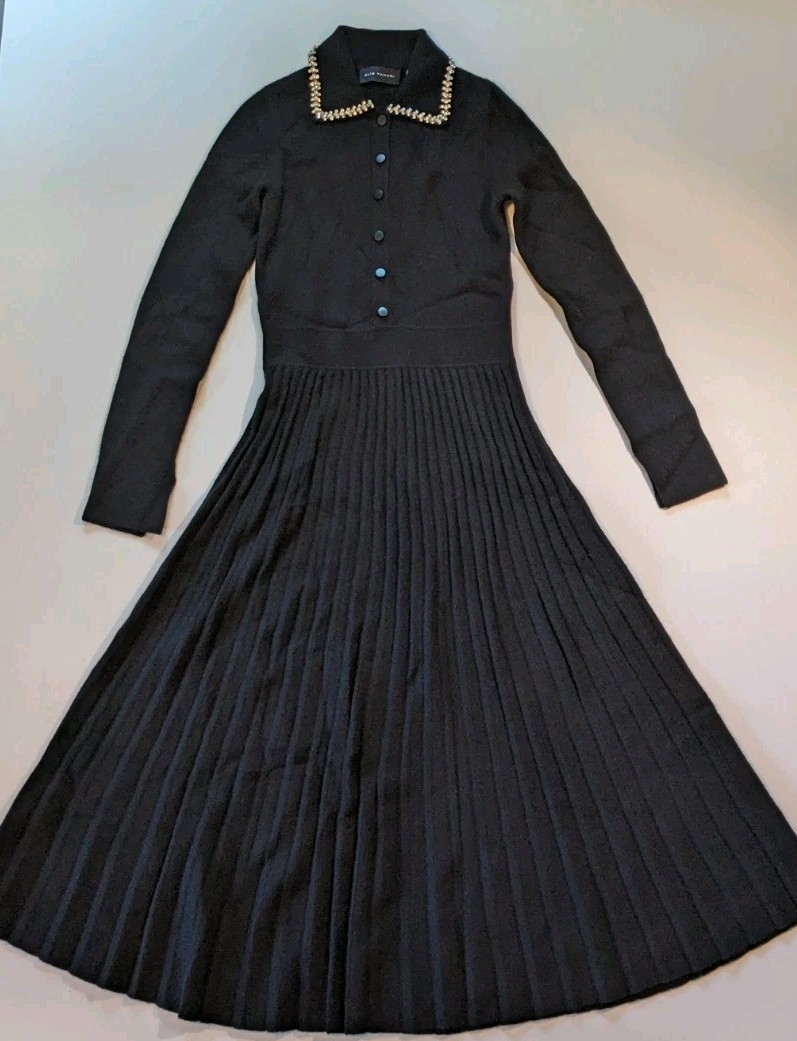 Elie Tahari Black Cashmere Crystal Collar Pleated Long Sleeve Dress XS $595 NWT