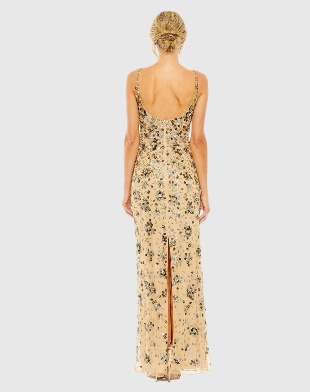 Mac Duggal New Beige Gold Embellished Scoop Neck Evening Gown Size 10 5477