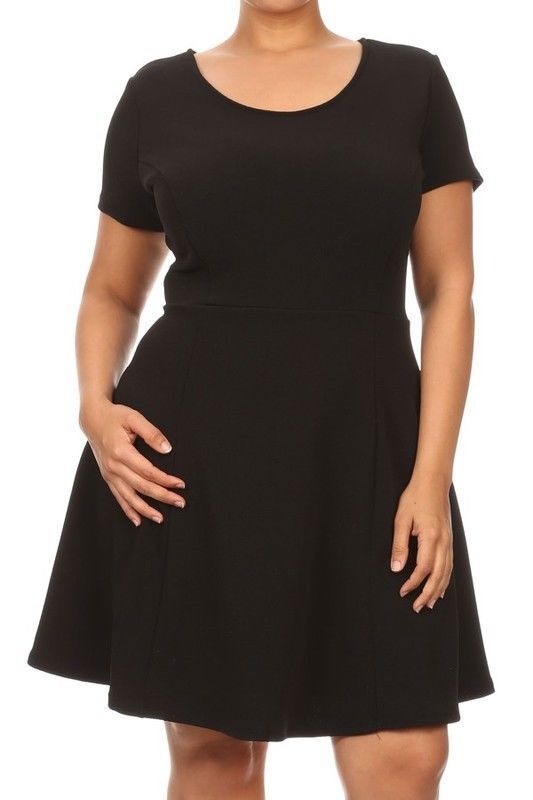 PLUS SIZE 1X 2X 3X PLEATED FLARE DRESS w/ SCOOP NECKLINE ROYAL BLUE BLACK RED