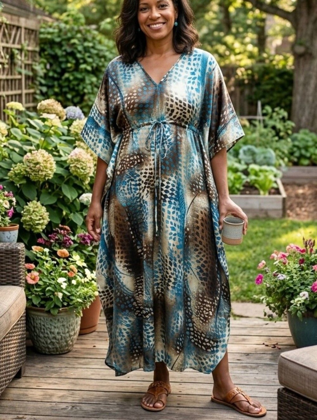 Winlar brown tan blue all over print satin feel boho casual kaftan one size NWT
