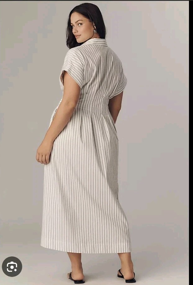 Anthropologie Exquise Large Tobie Double Buckle Pleated Shirt Dress White Black