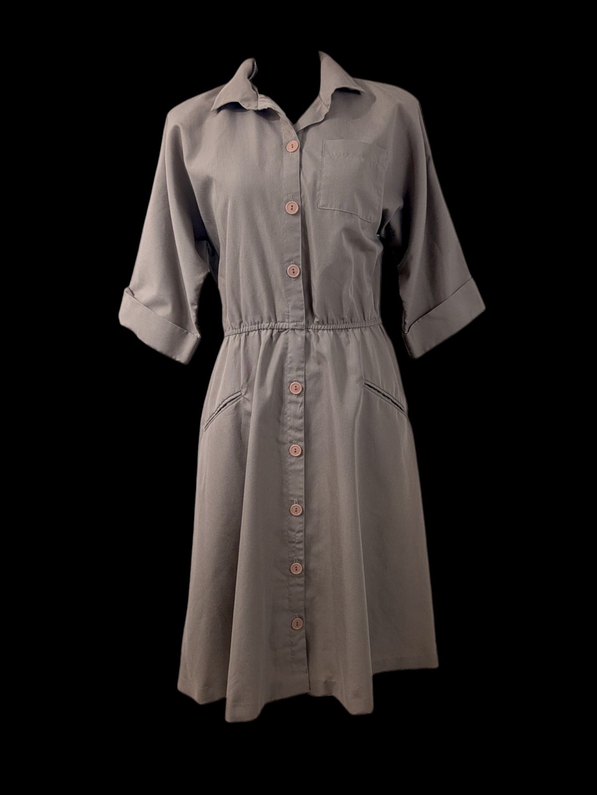 1980s Vintage Batwing Brown House Dress with Peach Acrylic Button Down