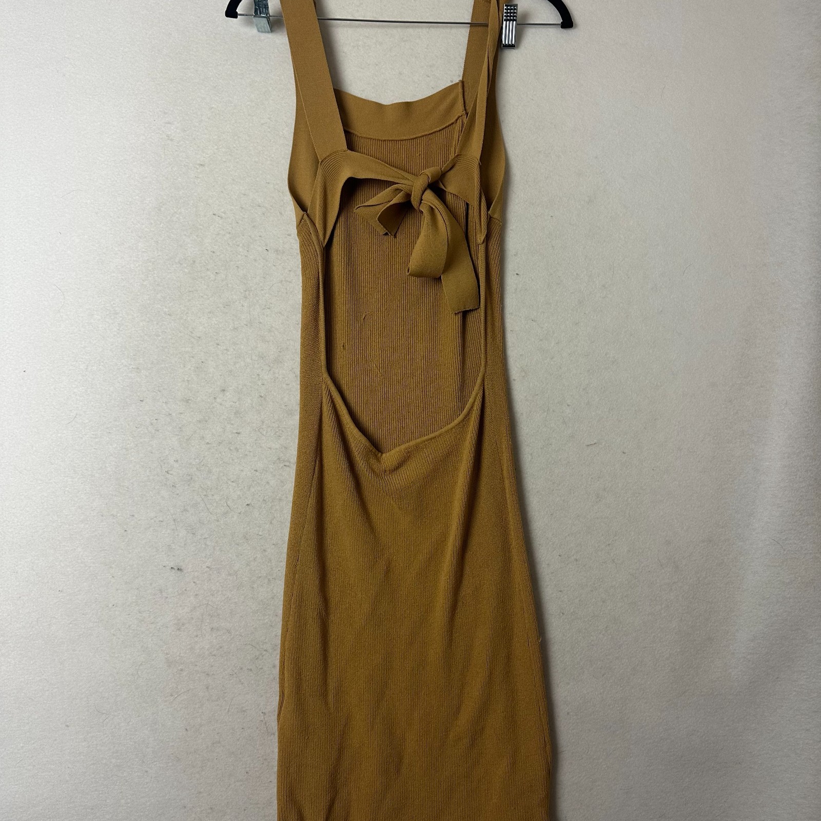 Ribbed Knit Open Back Tie Midi Dress Mustard Yellow Sleeveless Bodycon