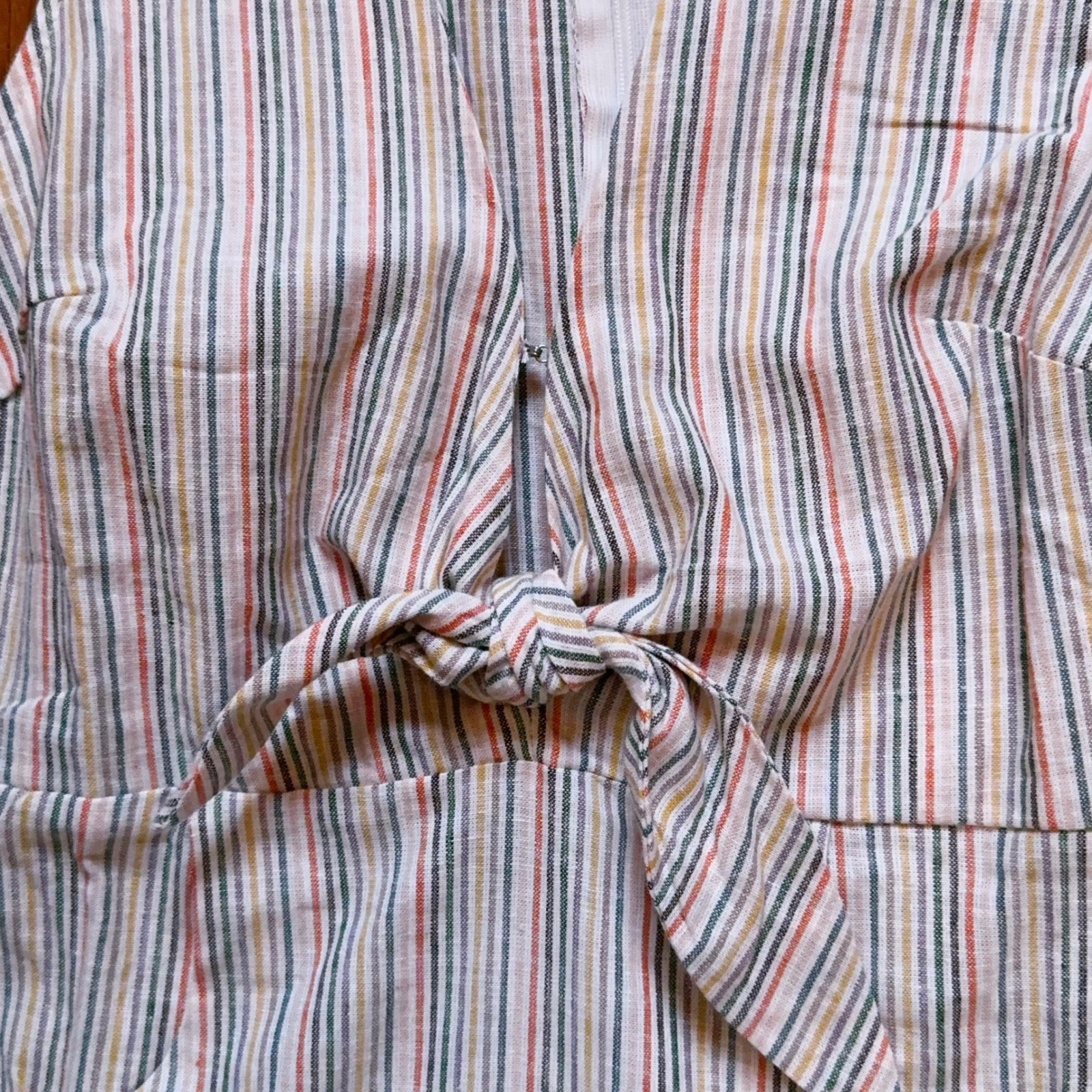 Olivaceous Linen Blend Striped Dress S Plunge V Front Knot Pockets NWT