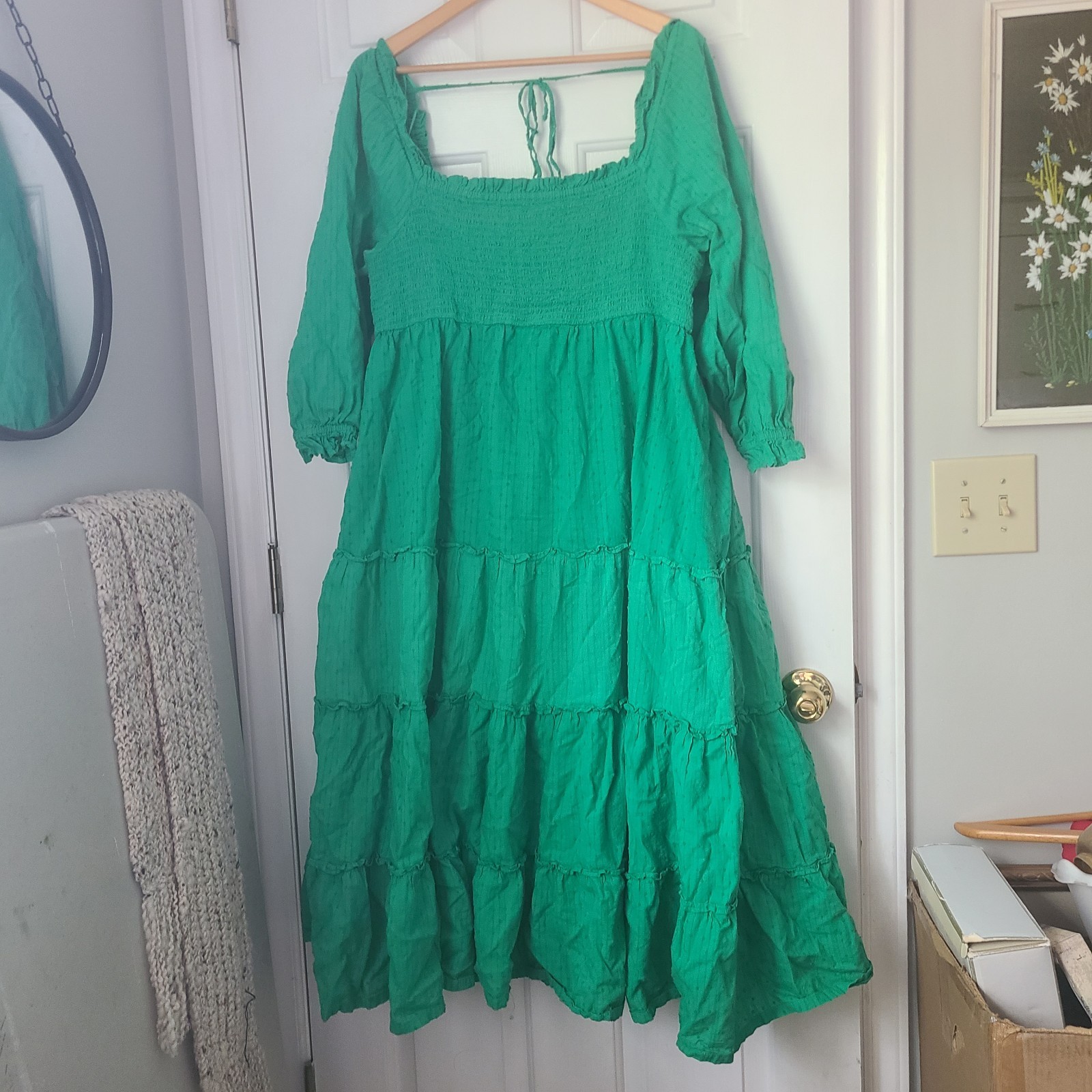 Crown & Ivy Smocked Long Tiered Ruffled Maxi Dress Sz XL Kelly Green Milkmaid