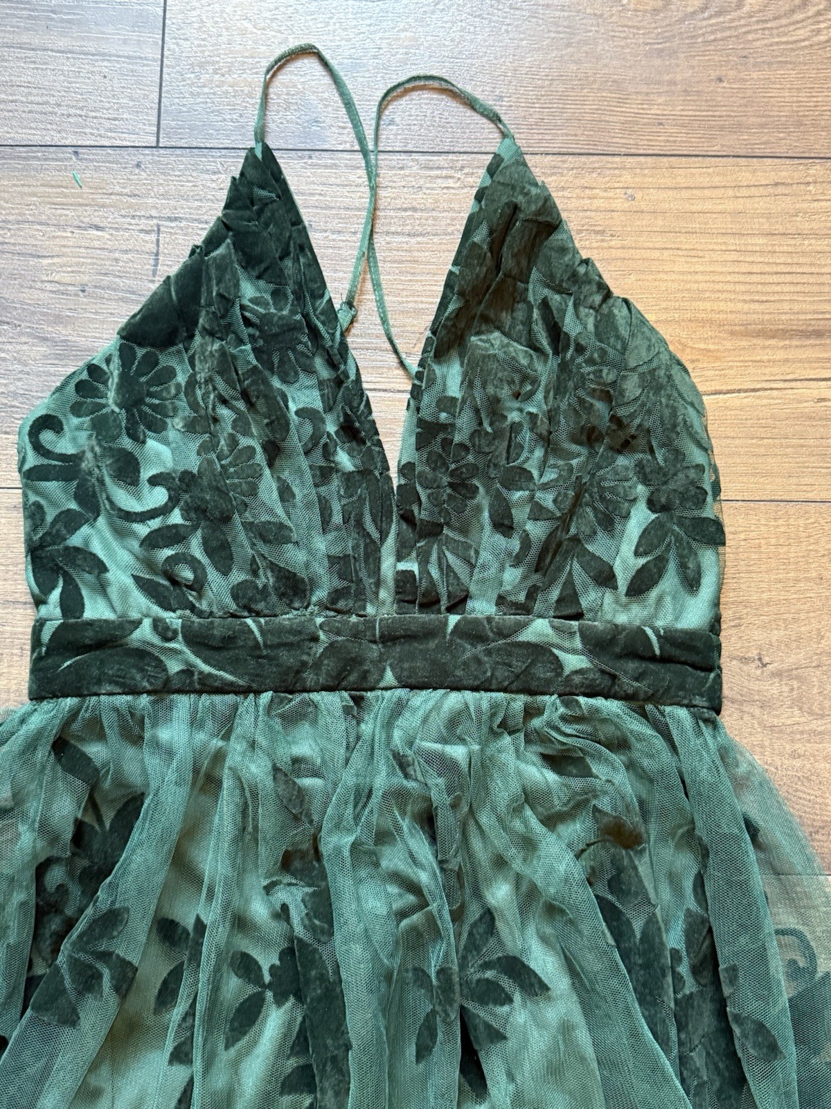 Windsor Forrest Fairy Green Velvet Floral Burnout Maxi Dress S Mesh Gown V Neck