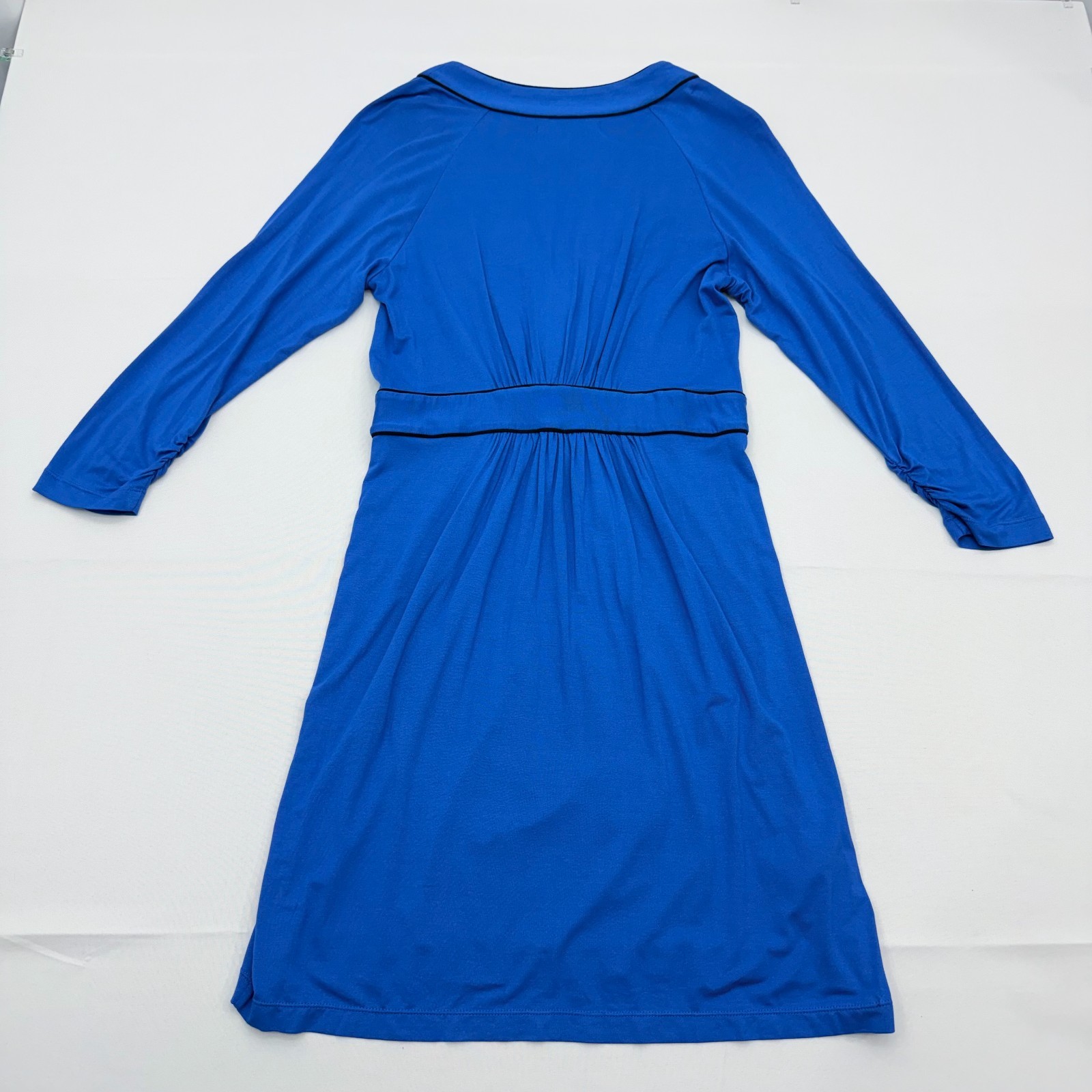 NWT BCBG Maxazria Ruched Low Cut V-Neck Dress Womens Large Blue Long Sleeve