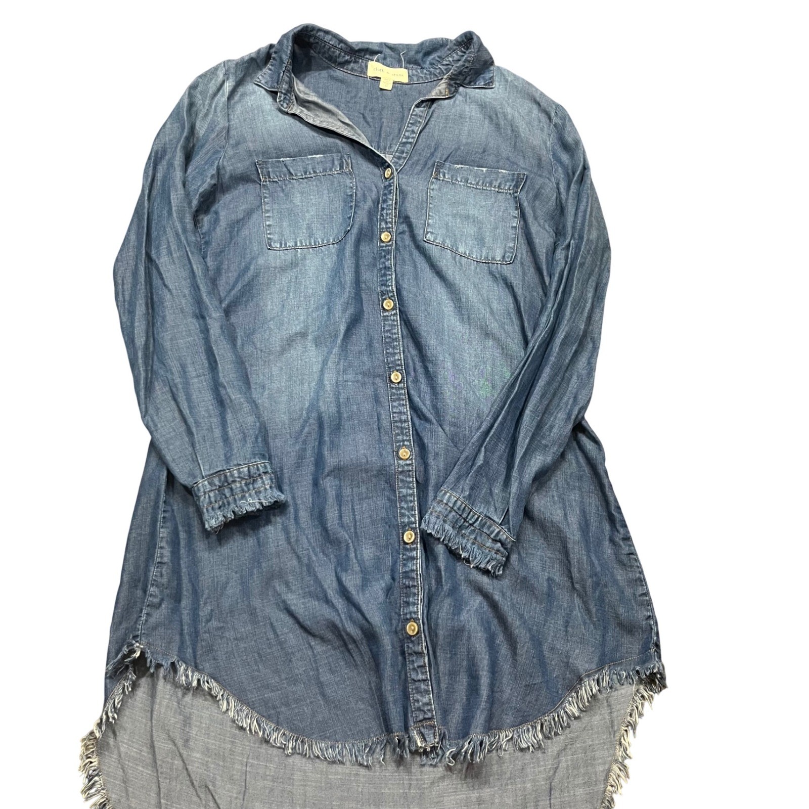 Cloth & Stone Blue Chambray Denim Shirt Dress Frayed Hem Women M Button Down
