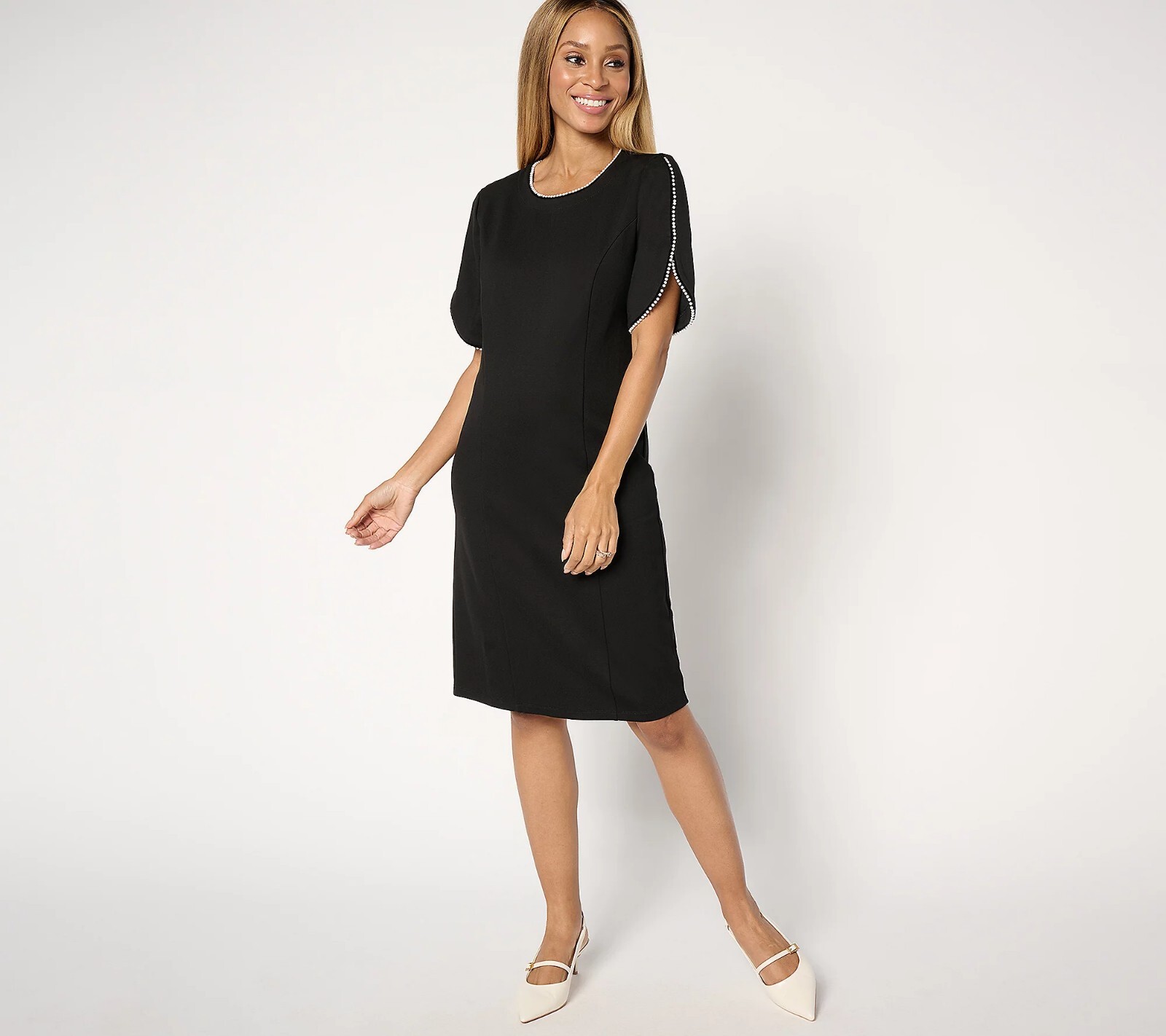 Susan Graver Regular Smart Ponte Dress with Pearl Trim – black Sz 4X a672499