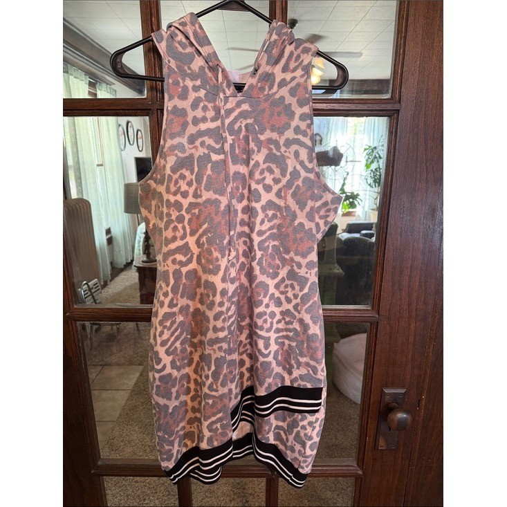 Venus Womens Leopard Print Sleeveless Hoodie Dress Pink Grey Sporty Mini Large