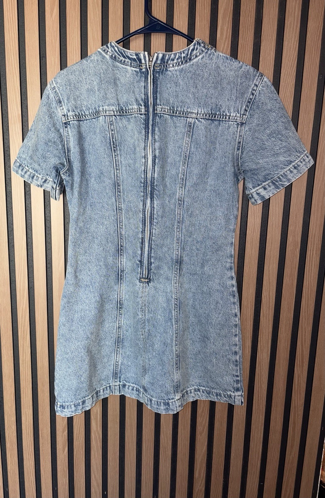 H&M Women’s Blue Solid Denim Mini Dress Lace-Up Front Short Sleeve Back Zip XS