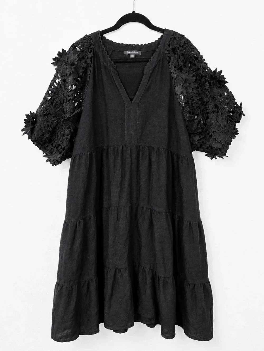Laurel Grey Black Linen Blend 3D Floral Crochet Sleeve Babydoll Dress XXL