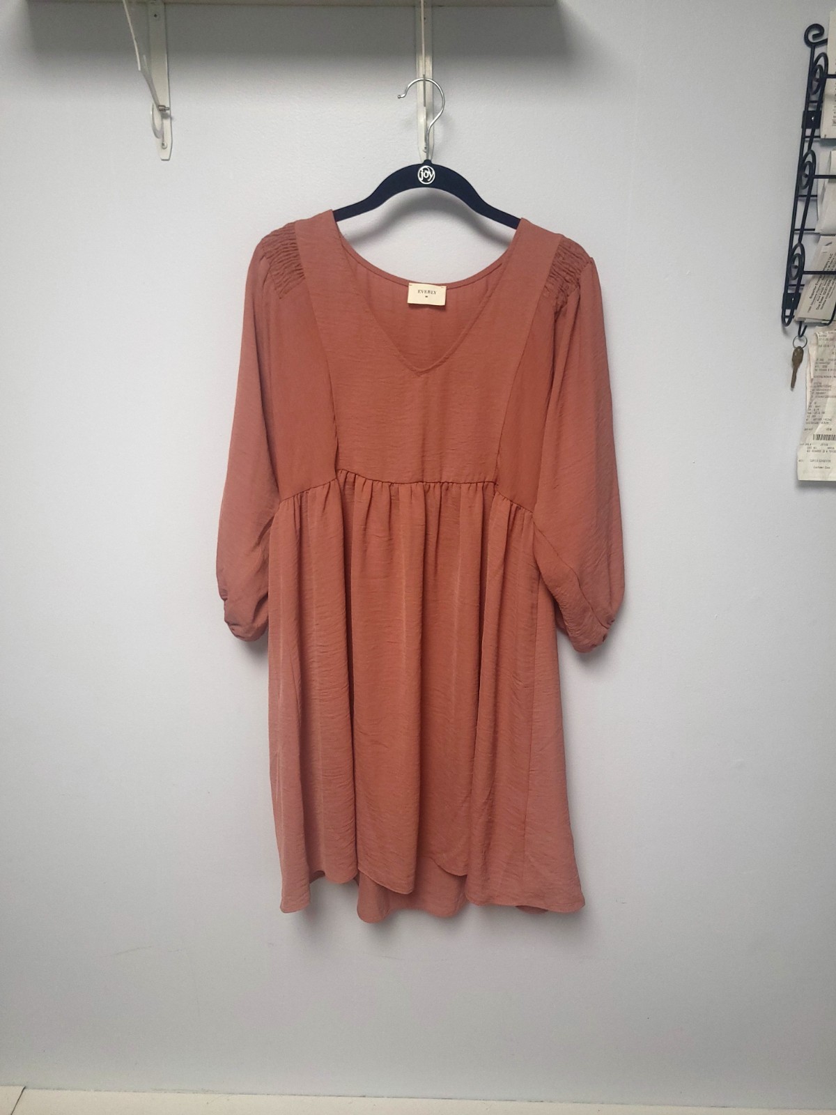 Everly Light Pink Babydoll Mini Dress Small V-Neck Long Sleeve Boho Boutique
