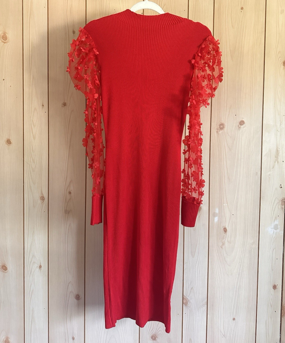 Almost Famous Size L Red Knit Sweater Dress Sheer Floral Sleeves